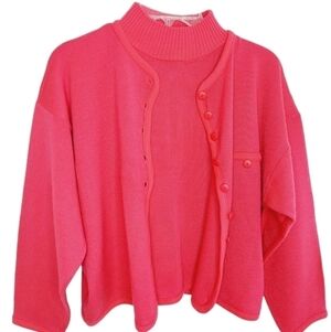 Vintage Parrinello Faux Cardigan Sweater Set Twin Set Medium Bright Pink 80's